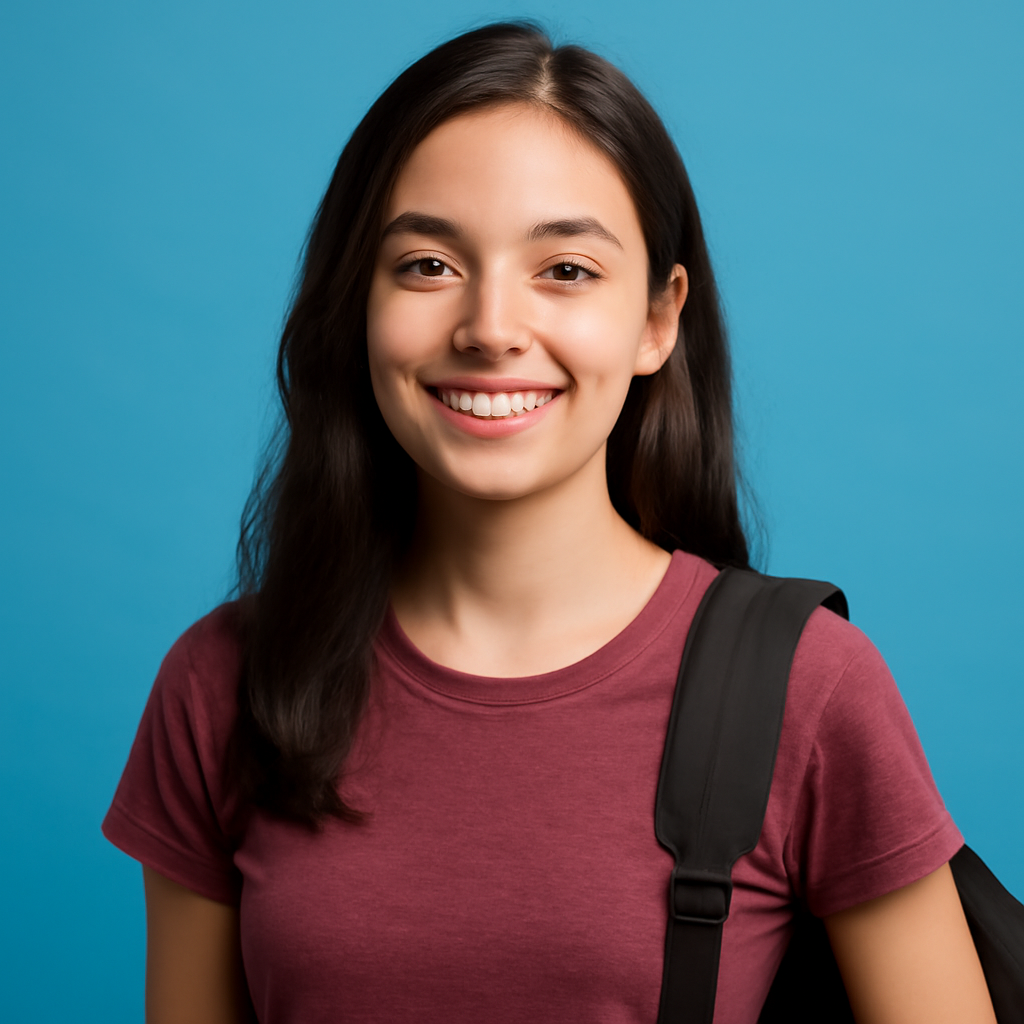 joven mujer universitaro fondo azul sin libros-1